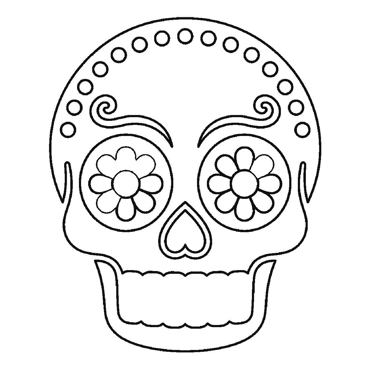 Step 5 of 6: Step-by-step drawing sheet: a decorative sugar-skull calavera facing forward, with a ring of dots across the cranium, a swirl above each eye socket, a flower inside each socket, a heart-shaped nose opening and two rows of square teeth, black outlines on white