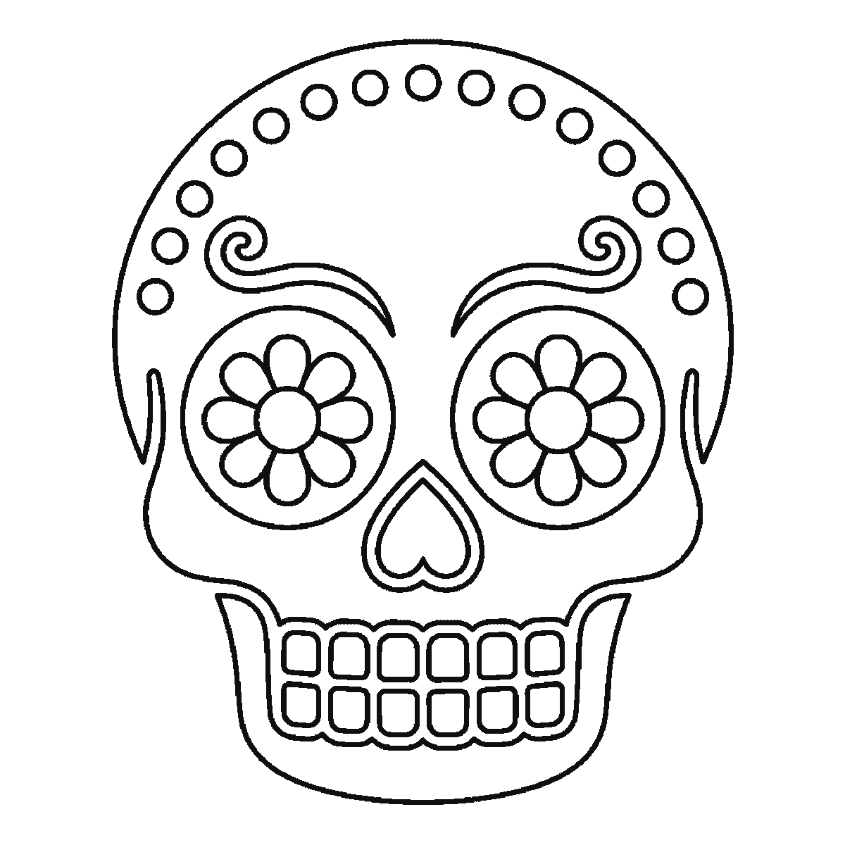 Step 6 of 6: Step-by-step drawing sheet: a decorative sugar-skull calavera facing forward, with a ring of dots across the cranium, a swirl above each eye socket, a flower inside each socket, a heart-shaped nose opening and two rows of square teeth, black outlines on white