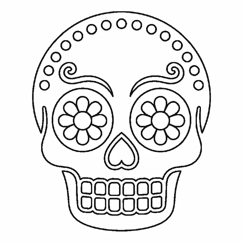 Step-by-step drawing sheet: a decorative sugar-skull calavera facing forward, with a ring of dots across the cranium, a swirl above each eye socket, a flower inside each socket, a heart-shaped nose opening and two rows of square teeth, black outlines on white
