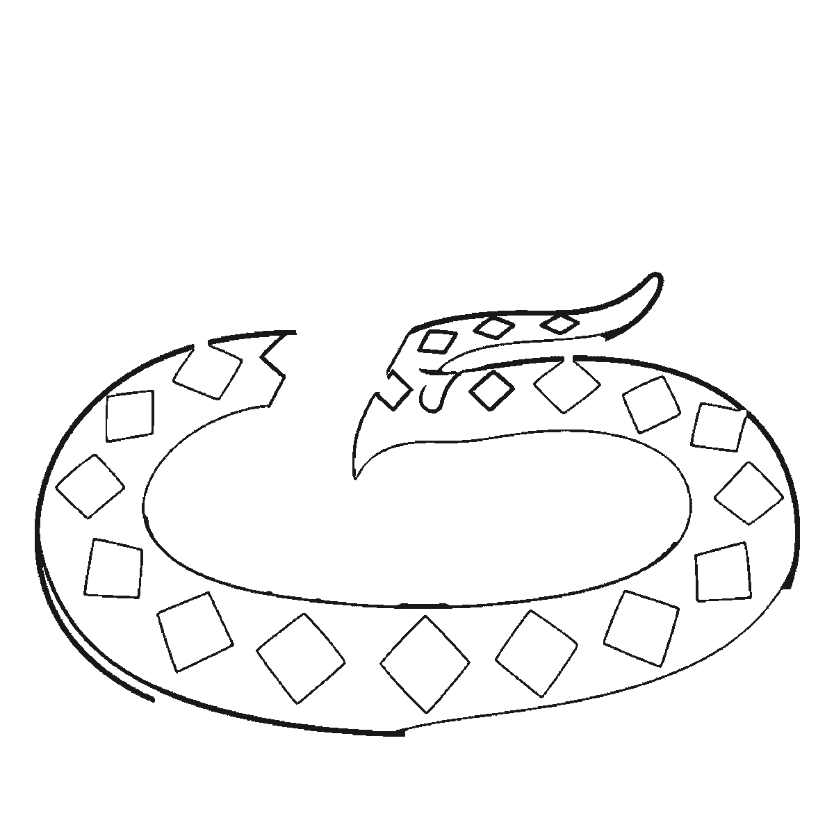 Step 1 of 6: Step-by-step drawing sheet: a snake coiled in two loops with its head raised, built up over six frames from almost the whole coil to the inner edge and diamond markings, black outlines on white