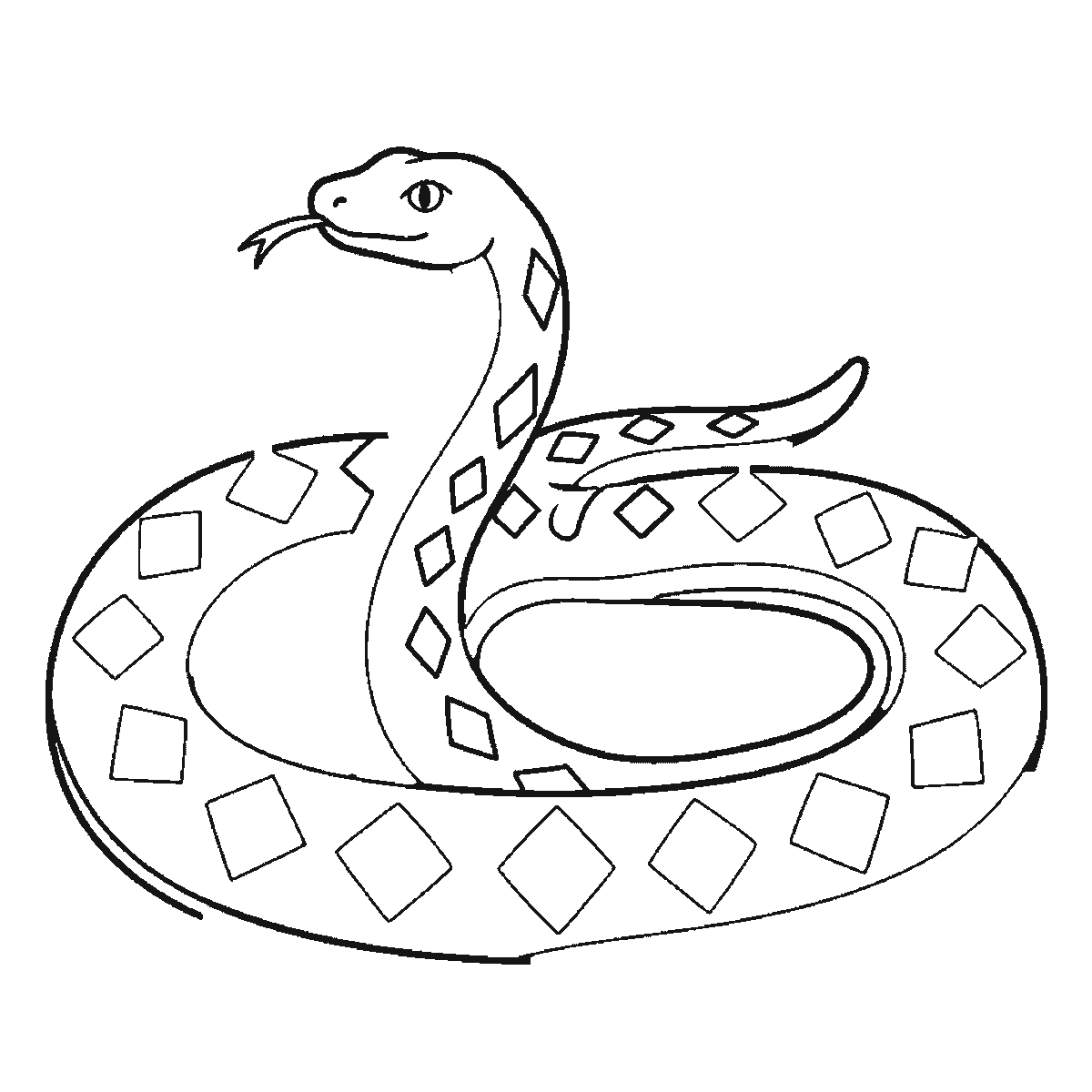 Step 3 of 6: Step-by-step drawing sheet: a snake coiled in two loops with its head raised, built up over six frames from almost the whole coil to the inner edge and diamond markings, black outlines on white