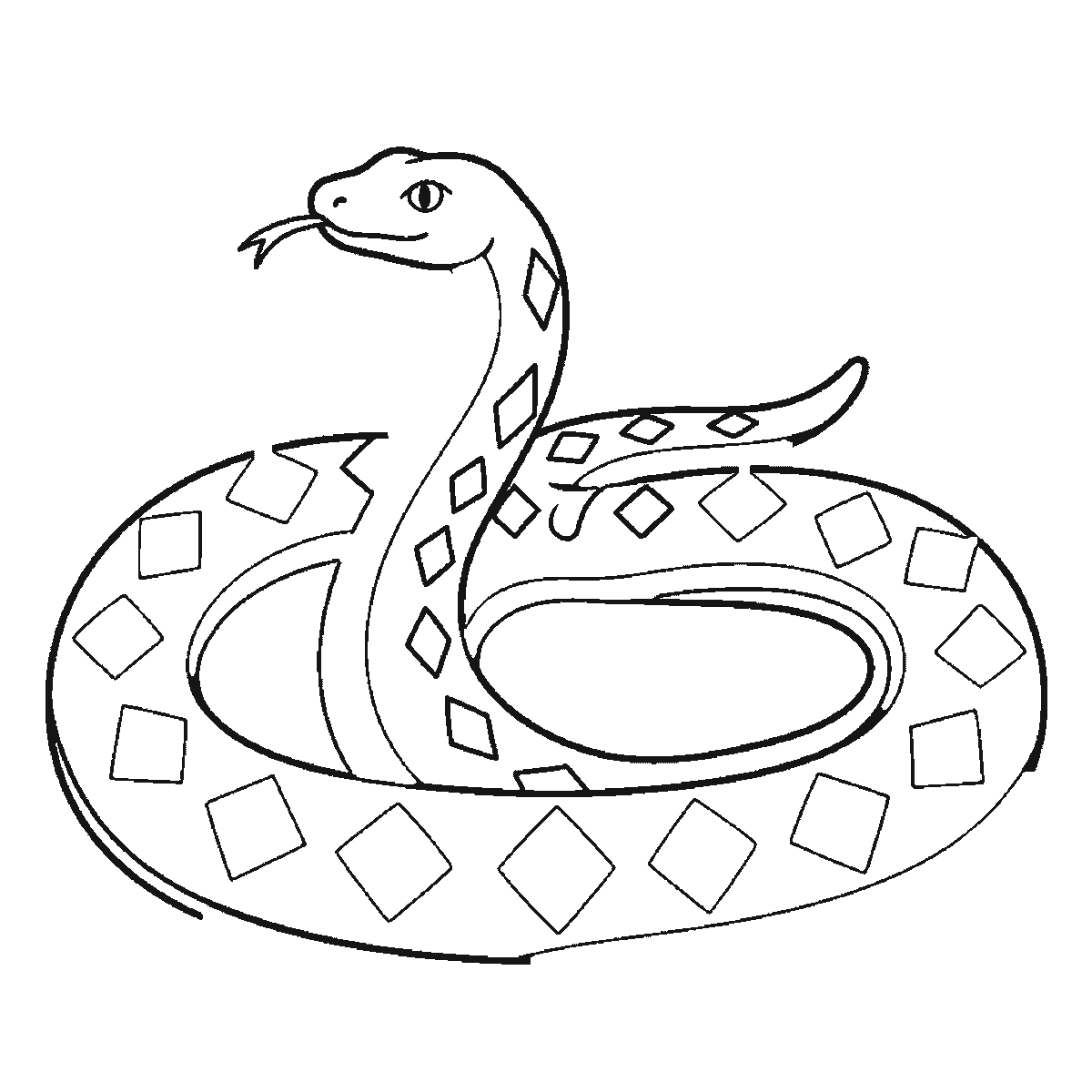 Step 4 of 6: Step-by-step drawing sheet: a snake coiled in two loops with its head raised, built up over six frames from almost the whole coil to the inner edge and diamond markings, black outlines on white