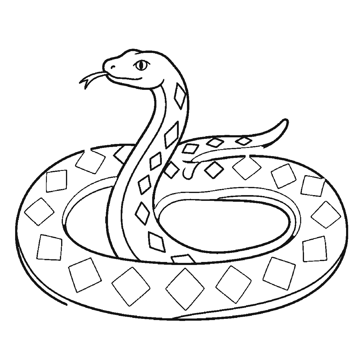 Step 5 of 6: Step-by-step drawing sheet: a snake coiled in two loops with its head raised, built up over six frames from almost the whole coil to the inner edge and diamond markings, black outlines on white