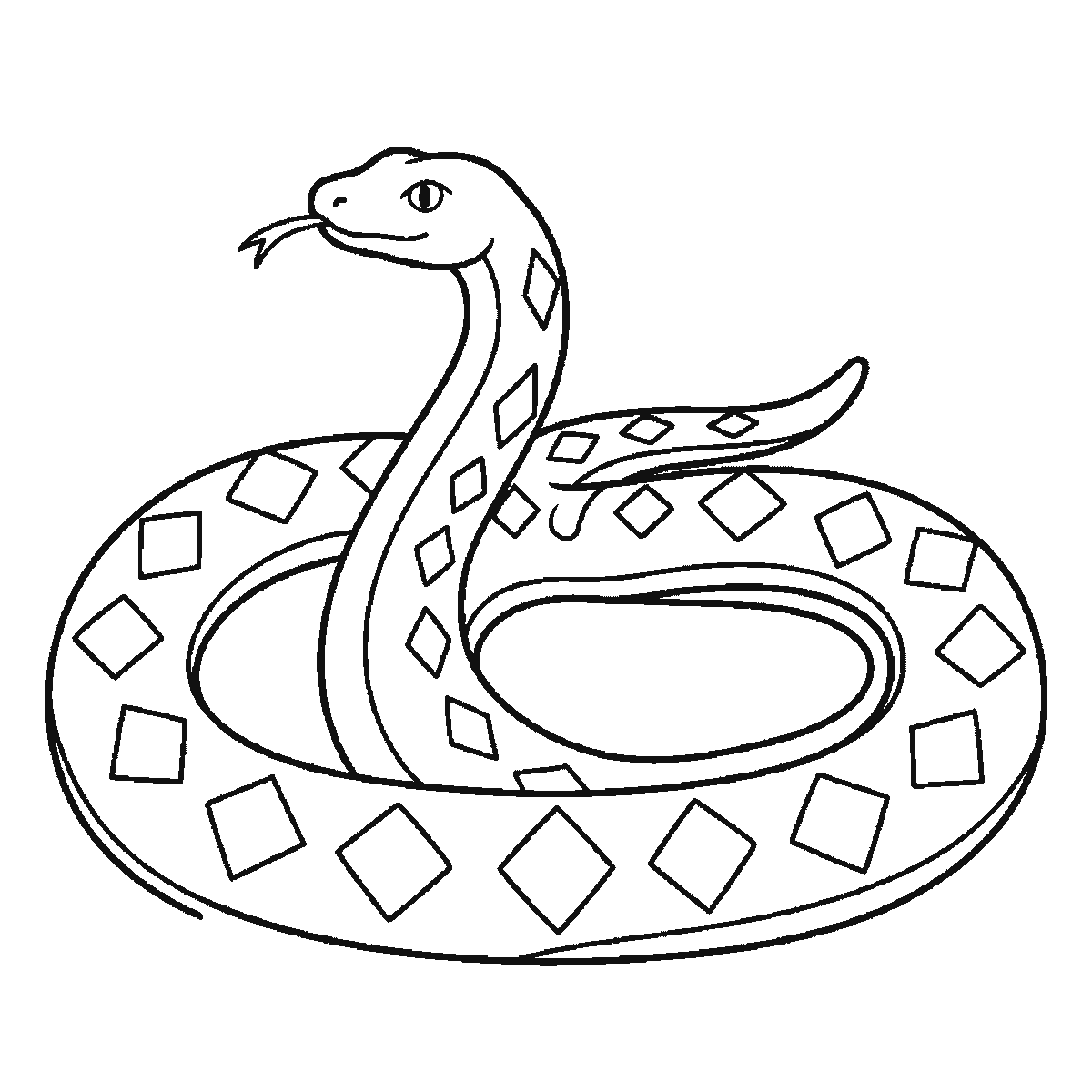 Step 6 of 6: Step-by-step drawing sheet: a snake coiled in two loops with its head raised, built up over six frames from almost the whole coil to the inner edge and diamond markings, black outlines on white