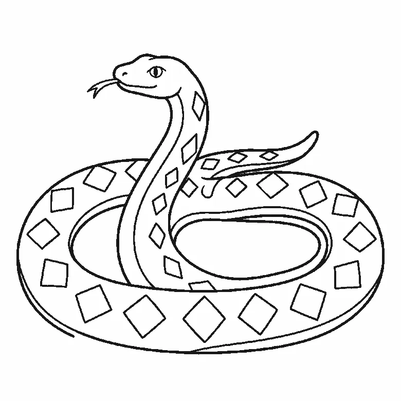 Step-by-step drawing sheet: a snake coiled in two loops with its head raised, built up over six frames from almost the whole coil to the inner edge and diamond markings, black outlines on white