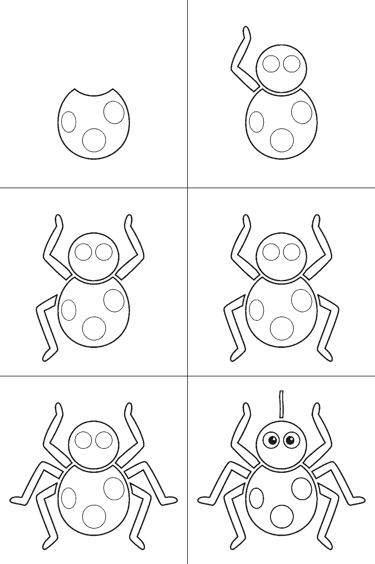 Step-by-step drawing sheet: a friendly cartoon spider facing forward, built up over six frames from the patched oval body to the head, then the eight legs in opposite pairs, with the filled pupils and the hanging thread last, black outlines on white