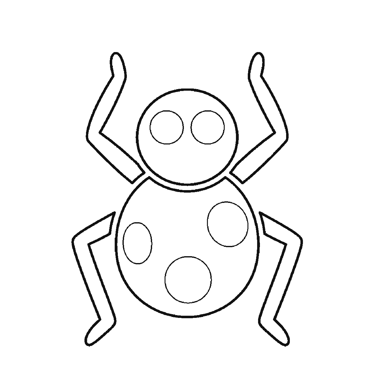 Step 4 of 6: Step-by-step drawing sheet: a friendly cartoon spider facing forward, built up over six frames from the patched oval body to the head, then the eight legs in opposite pairs, with the filled pupils and the hanging thread last, black outlines on white