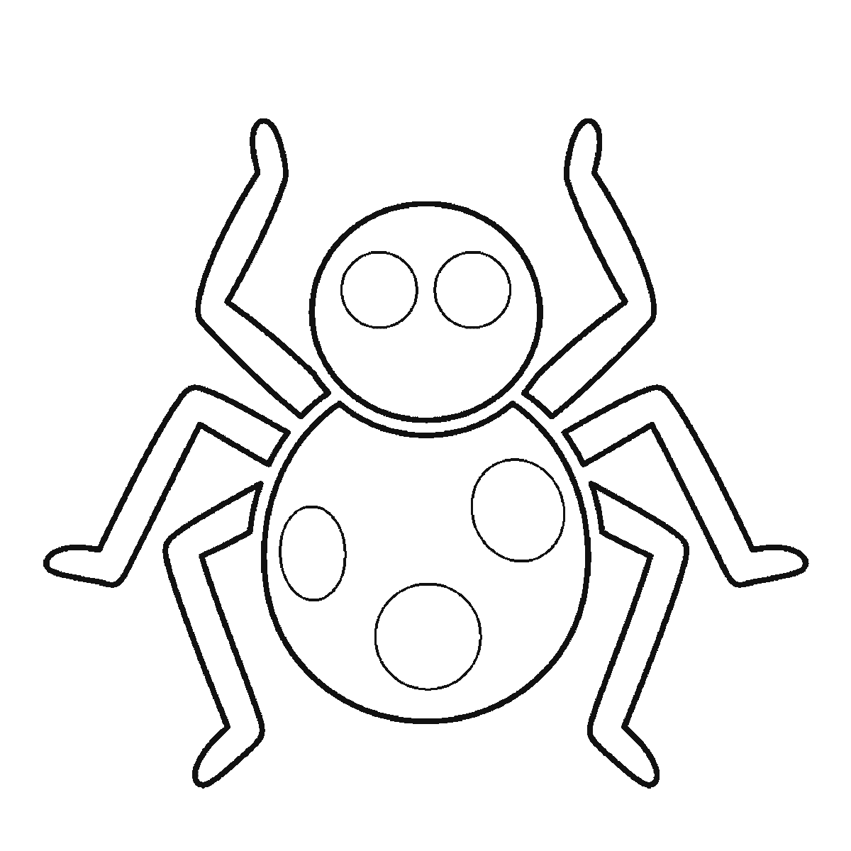 Step 5 of 6: Step-by-step drawing sheet: a friendly cartoon spider facing forward, built up over six frames from the patched oval body to the head, then the eight legs in opposite pairs, with the filled pupils and the hanging thread last, black outlines on white