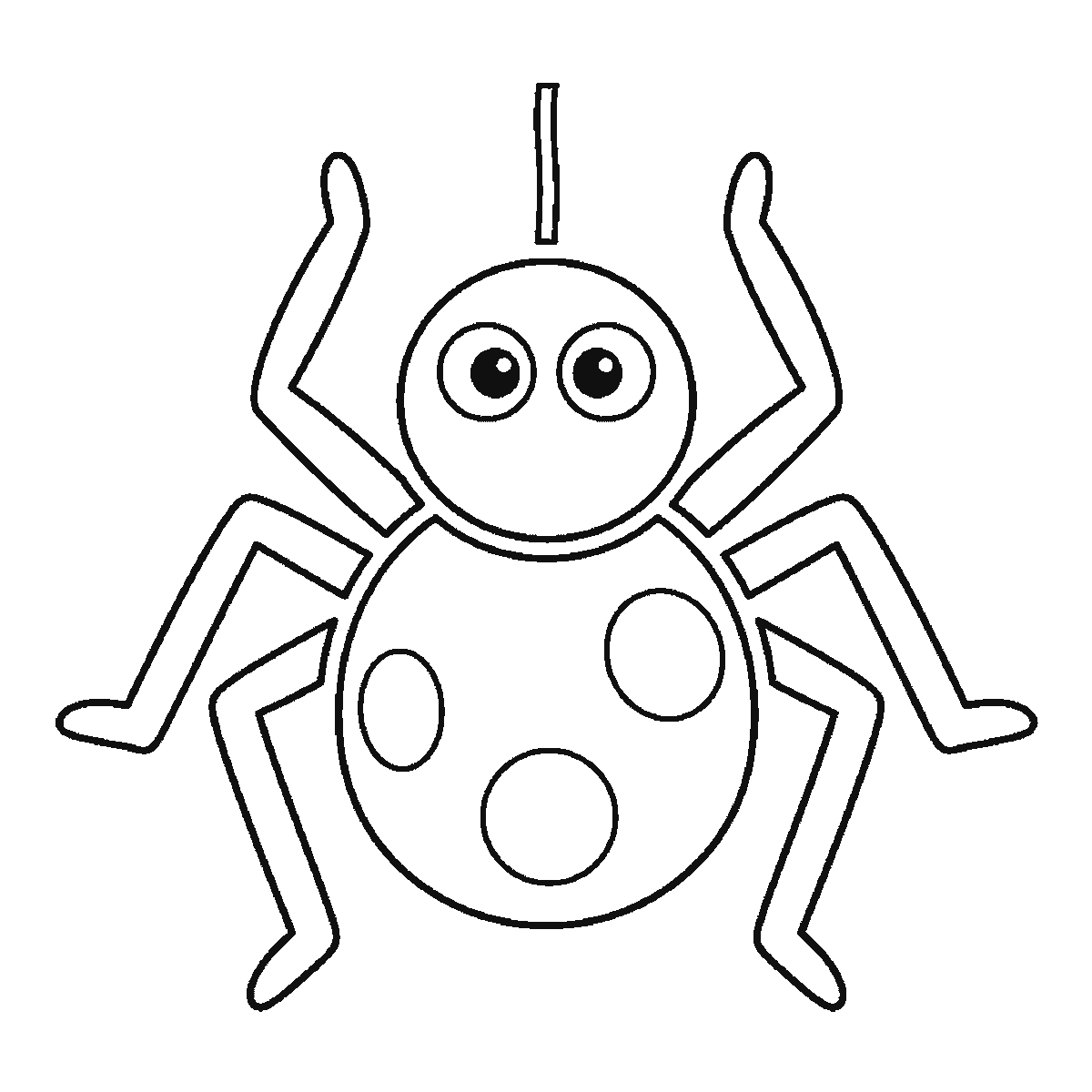 Step 6 of 6: Step-by-step drawing sheet: a friendly cartoon spider facing forward, built up over six frames from the patched oval body to the head, then the eight legs in opposite pairs, with the filled pupils and the hanging thread last, black outlines on white