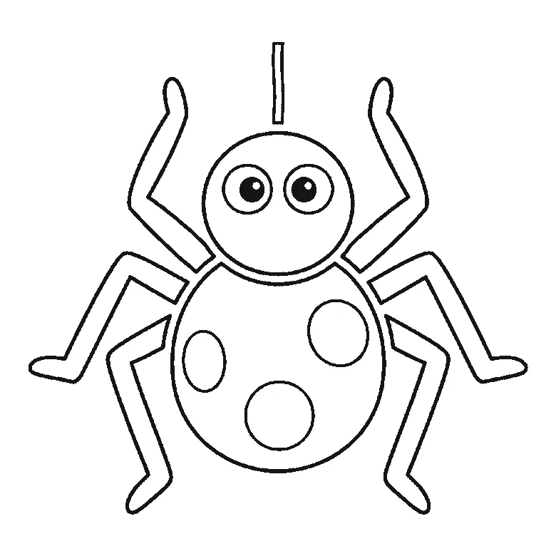 Step-by-step drawing sheet: a friendly cartoon spider facing forward, built up over six frames from the patched oval body to the head, then the eight legs in opposite pairs, with the filled pupils and the hanging thread last, black outlines on white