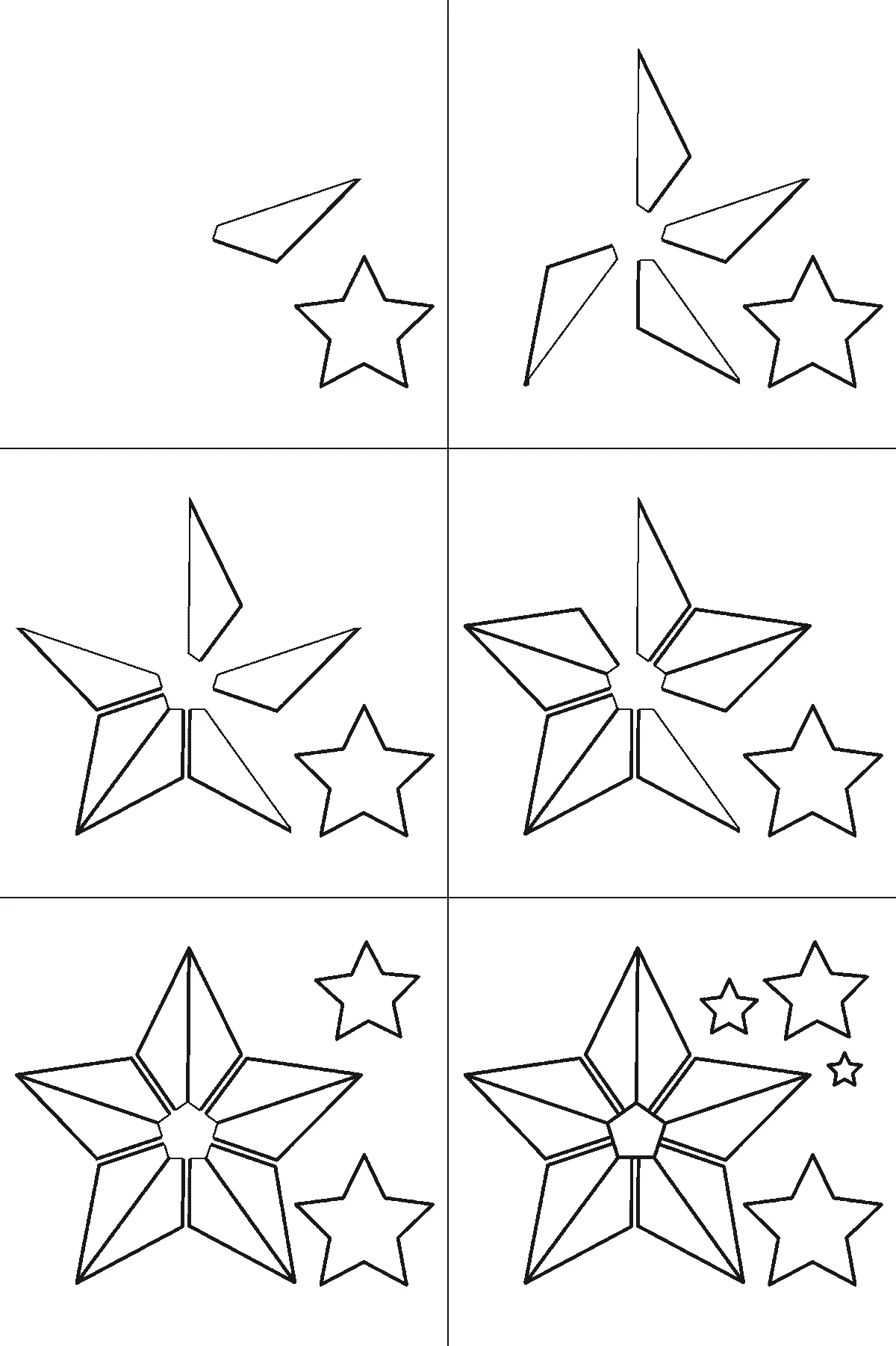 Step-by-step drawing sheet: a faceted five-pointed star with four smaller stars beside it, built up over six frames one facet panel at a time, black outlines on white