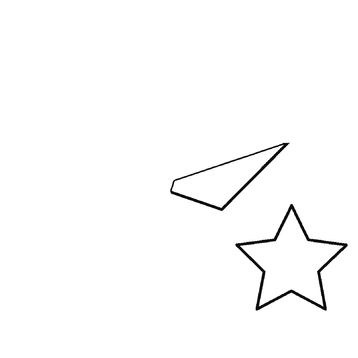 Step 1 of 6: Step-by-step drawing sheet: a faceted five-pointed star with four smaller stars beside it, built up over six frames one facet panel at a time, black outlines on white