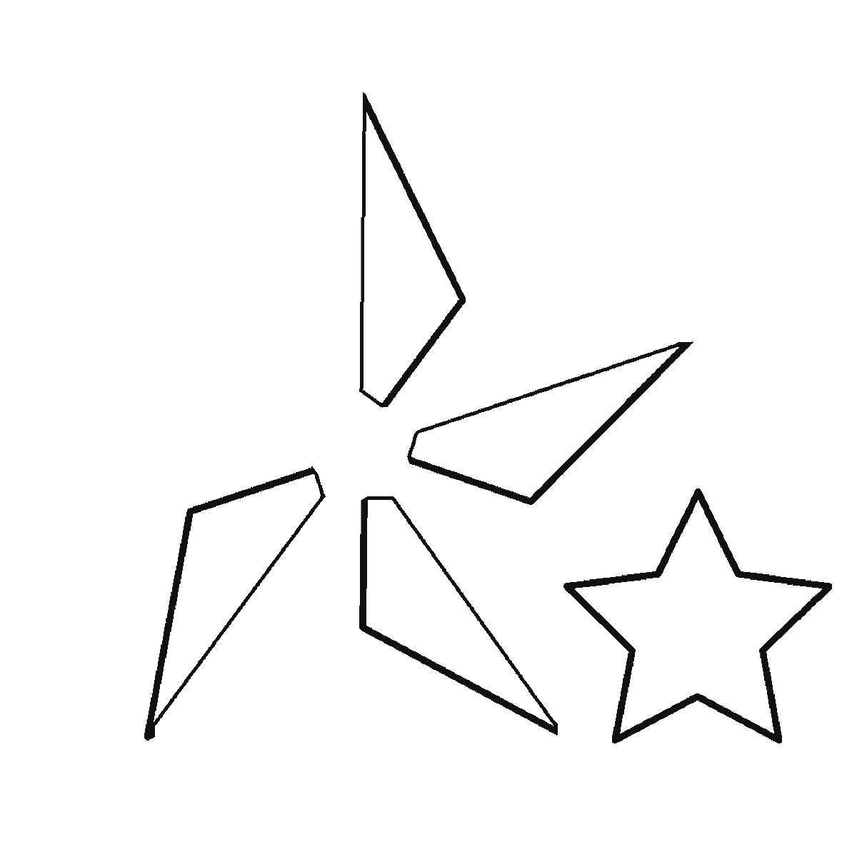 Step 2 of 6: Step-by-step drawing sheet: a faceted five-pointed star with four smaller stars beside it, built up over six frames one facet panel at a time, black outlines on white