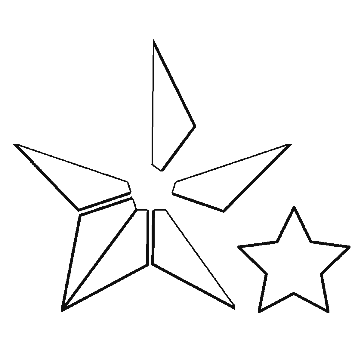 Step 3 of 6: Step-by-step drawing sheet: a faceted five-pointed star with four smaller stars beside it, built up over six frames one facet panel at a time, black outlines on white