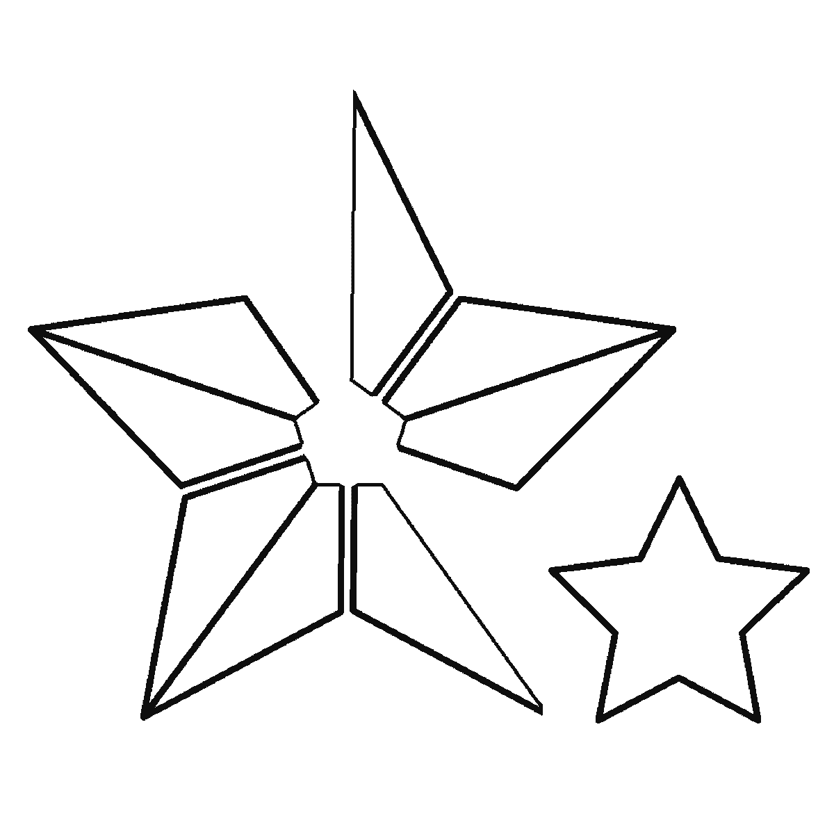 Step 4 of 6: Step-by-step drawing sheet: a faceted five-pointed star with four smaller stars beside it, built up over six frames one facet panel at a time, black outlines on white