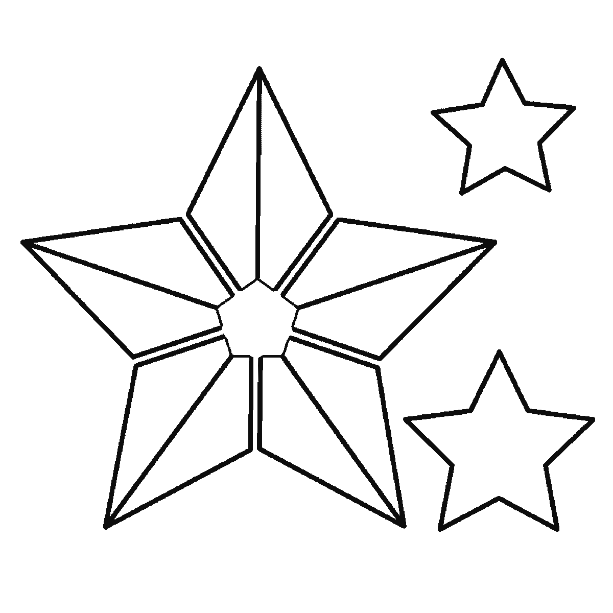Step 5 of 6: Step-by-step drawing sheet: a faceted five-pointed star with four smaller stars beside it, built up over six frames one facet panel at a time, black outlines on white