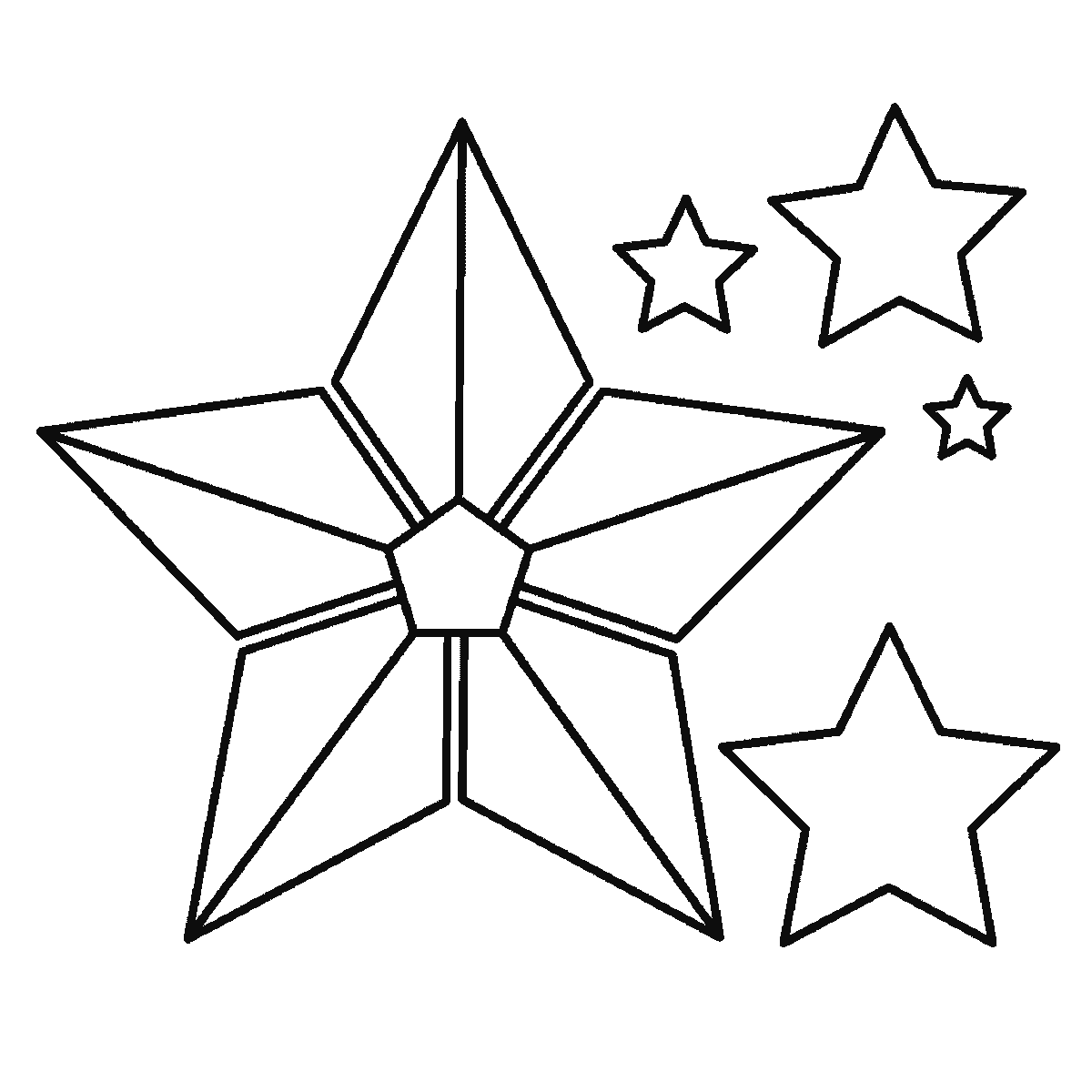 Step 6 of 6: Step-by-step drawing sheet: a faceted five-pointed star with four smaller stars beside it, built up over six frames one facet panel at a time, black outlines on white