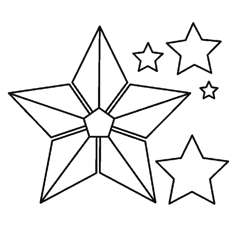 Step-by-step drawing sheet: a faceted five-pointed star with four smaller stars beside it, built up over six frames one facet panel at a time, black outlines on white