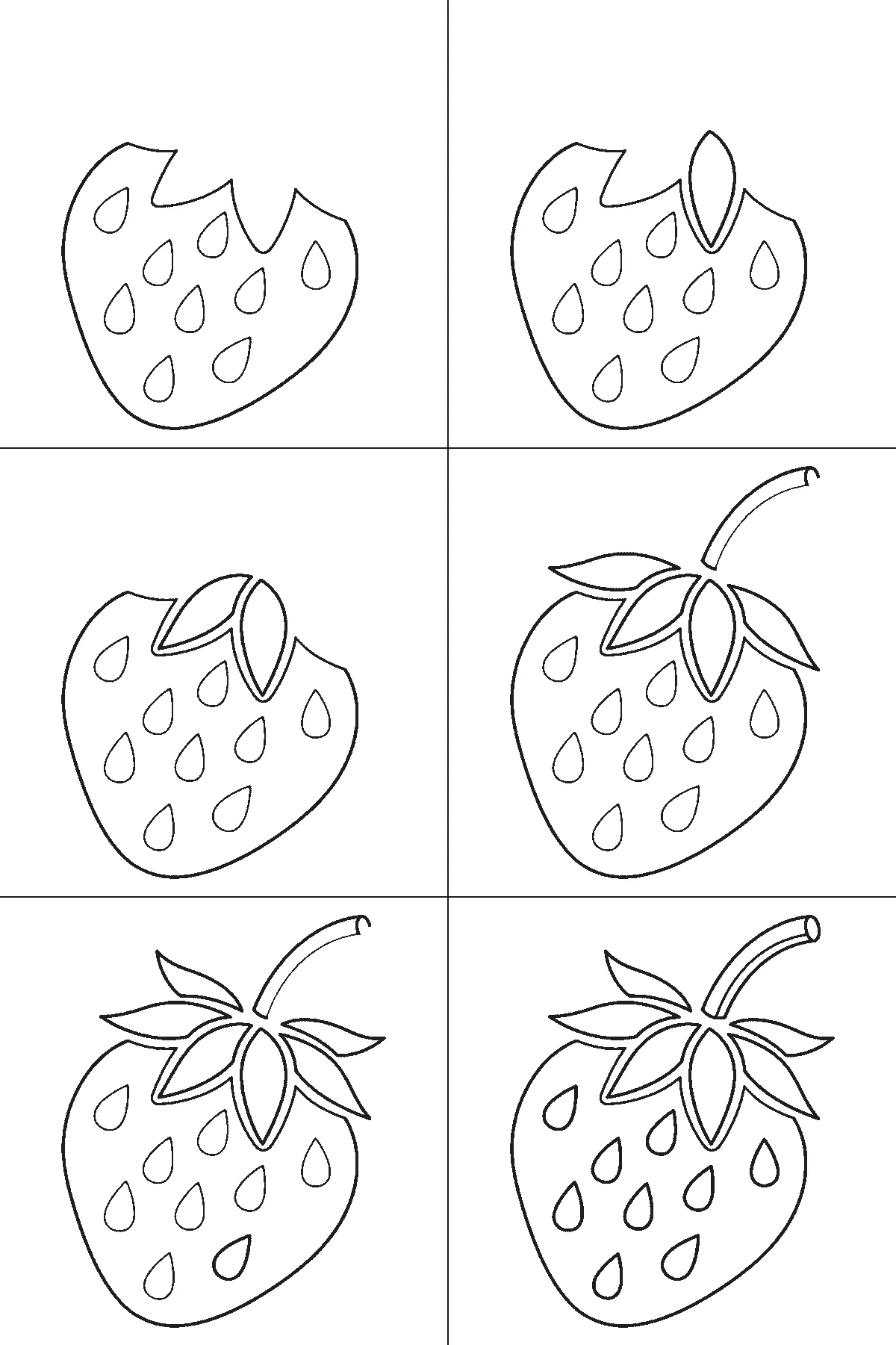 Step-by-step drawing sheet: a single strawberry, built up over six frames from the whole berry with all its seeds already sketched in to the five separate calyx leaves and the stem, with the stem’s closing line, the leaf veins and the seeds brought up to full weight last, black outlines on white