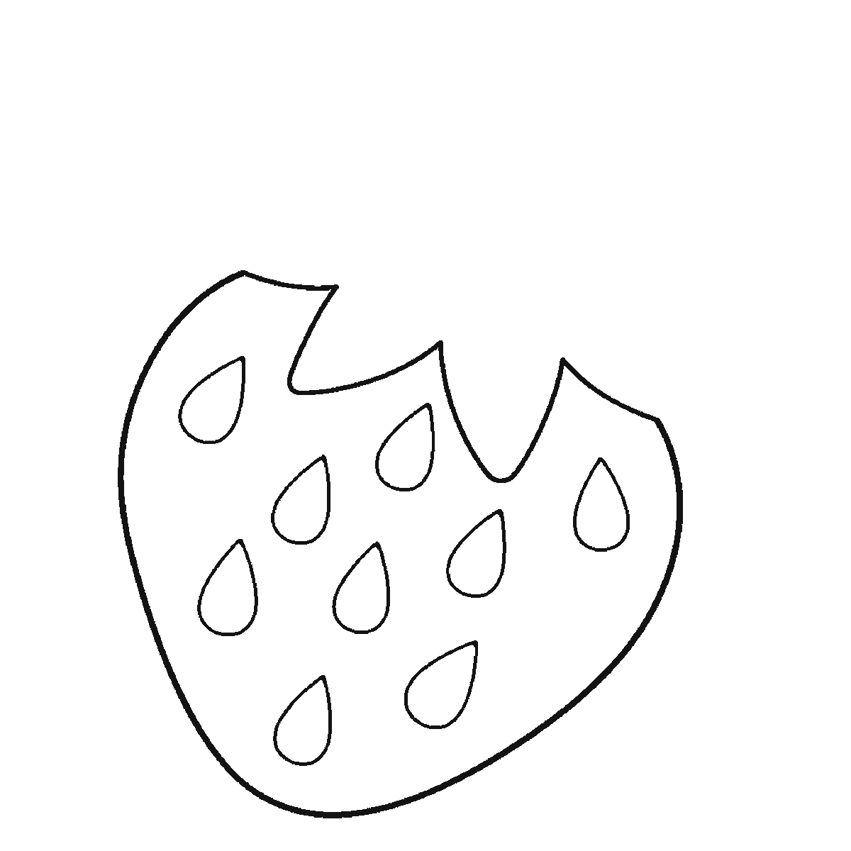 Step 1 of 6: Step-by-step drawing sheet: a single strawberry, built up over six frames from the whole berry with all its seeds already sketched in to the five separate calyx leaves and the stem, with the stem’s closing line, the leaf veins and the seeds brought up to full weight last, black outlines on white