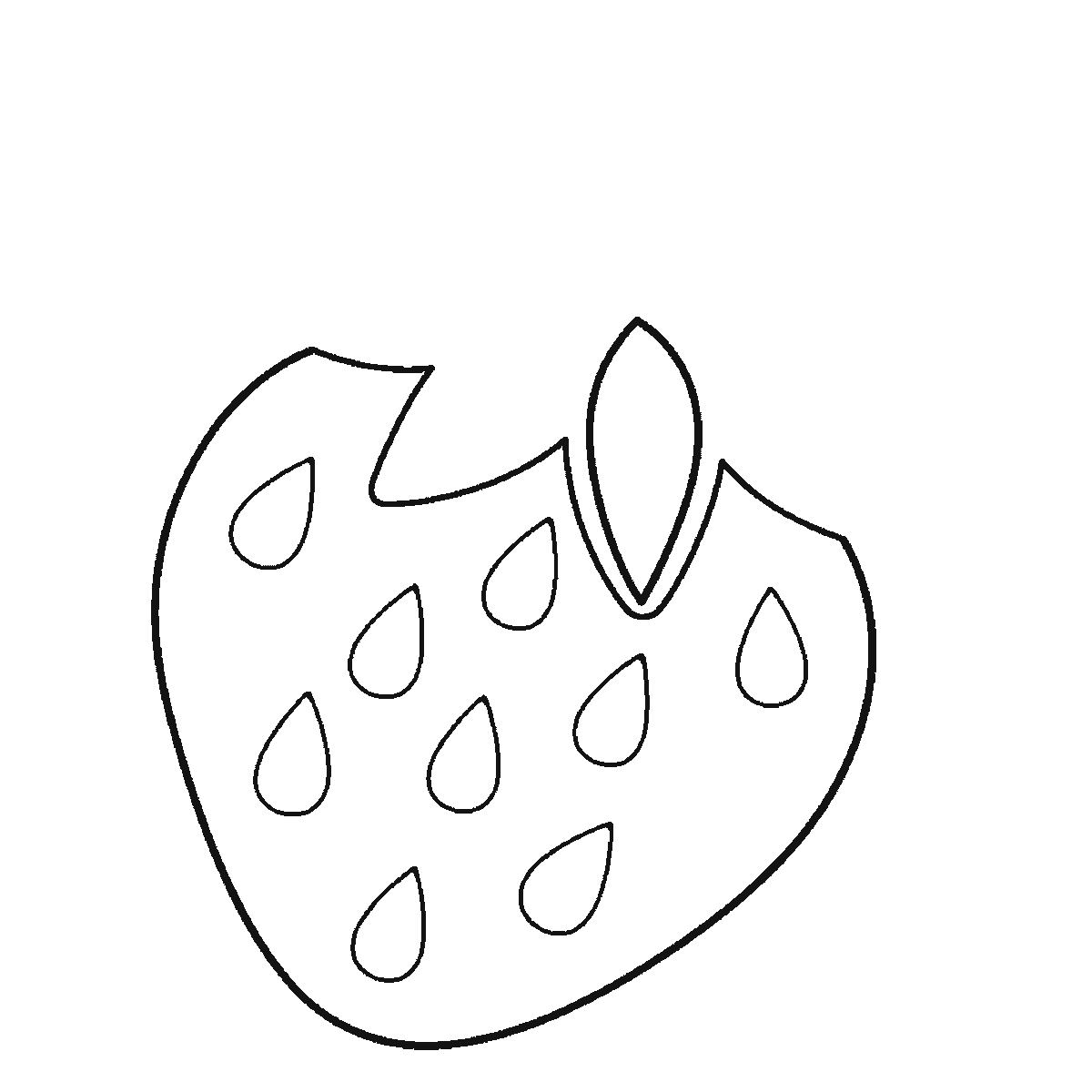 Step 2 of 6: Step-by-step drawing sheet: a single strawberry, built up over six frames from the whole berry with all its seeds already sketched in to the five separate calyx leaves and the stem, with the stem’s closing line, the leaf veins and the seeds brought up to full weight last, black outlines on white
