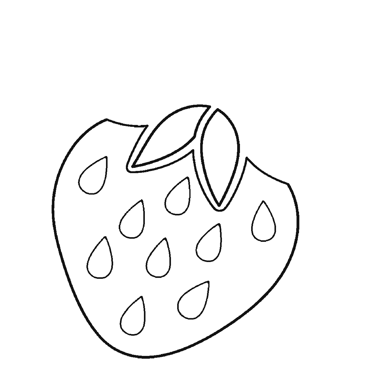 Step 3 of 6: Step-by-step drawing sheet: a single strawberry, built up over six frames from the whole berry with all its seeds already sketched in to the five separate calyx leaves and the stem, with the stem’s closing line, the leaf veins and the seeds brought up to full weight last, black outlines on white