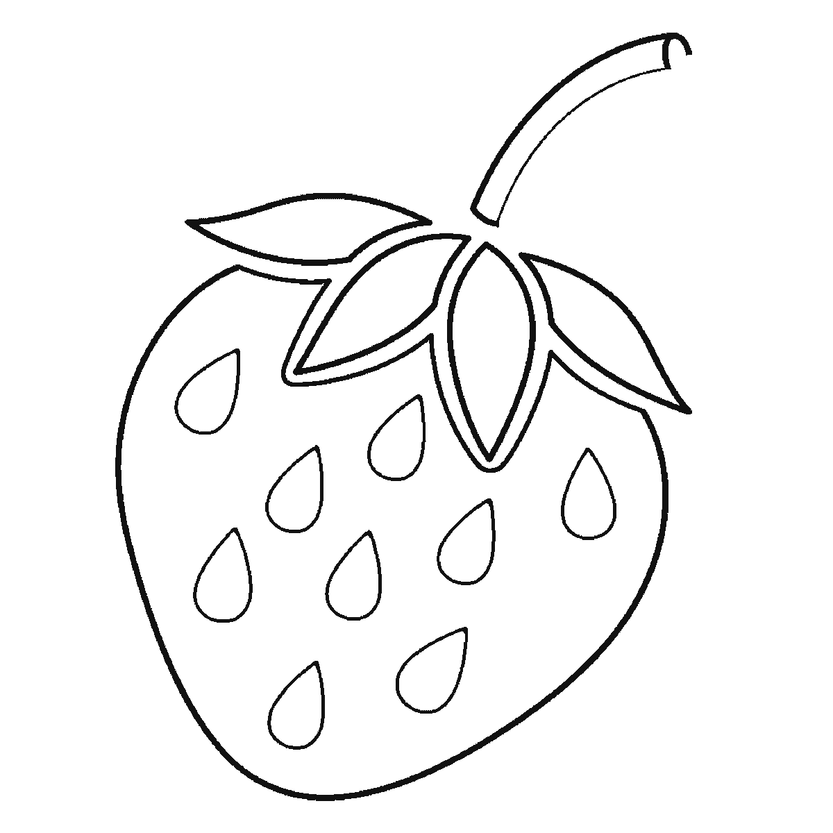 Step 4 of 6: Step-by-step drawing sheet: a single strawberry, built up over six frames from the whole berry with all its seeds already sketched in to the five separate calyx leaves and the stem, with the stem’s closing line, the leaf veins and the seeds brought up to full weight last, black outlines on white