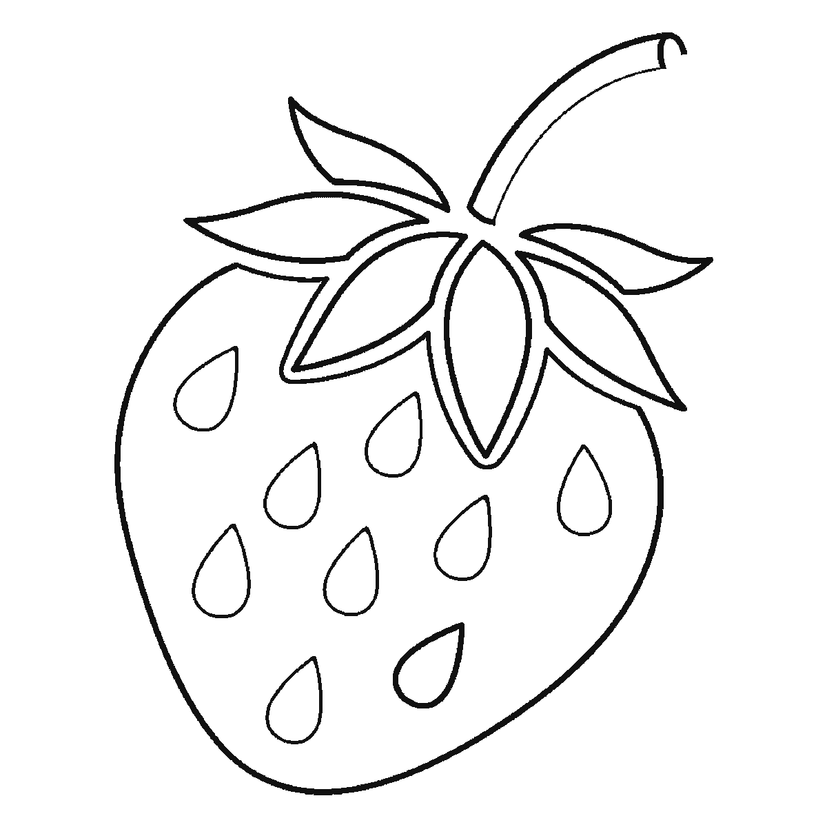 Step 5 of 6: Step-by-step drawing sheet: a single strawberry, built up over six frames from the whole berry with all its seeds already sketched in to the five separate calyx leaves and the stem, with the stem’s closing line, the leaf veins and the seeds brought up to full weight last, black outlines on white