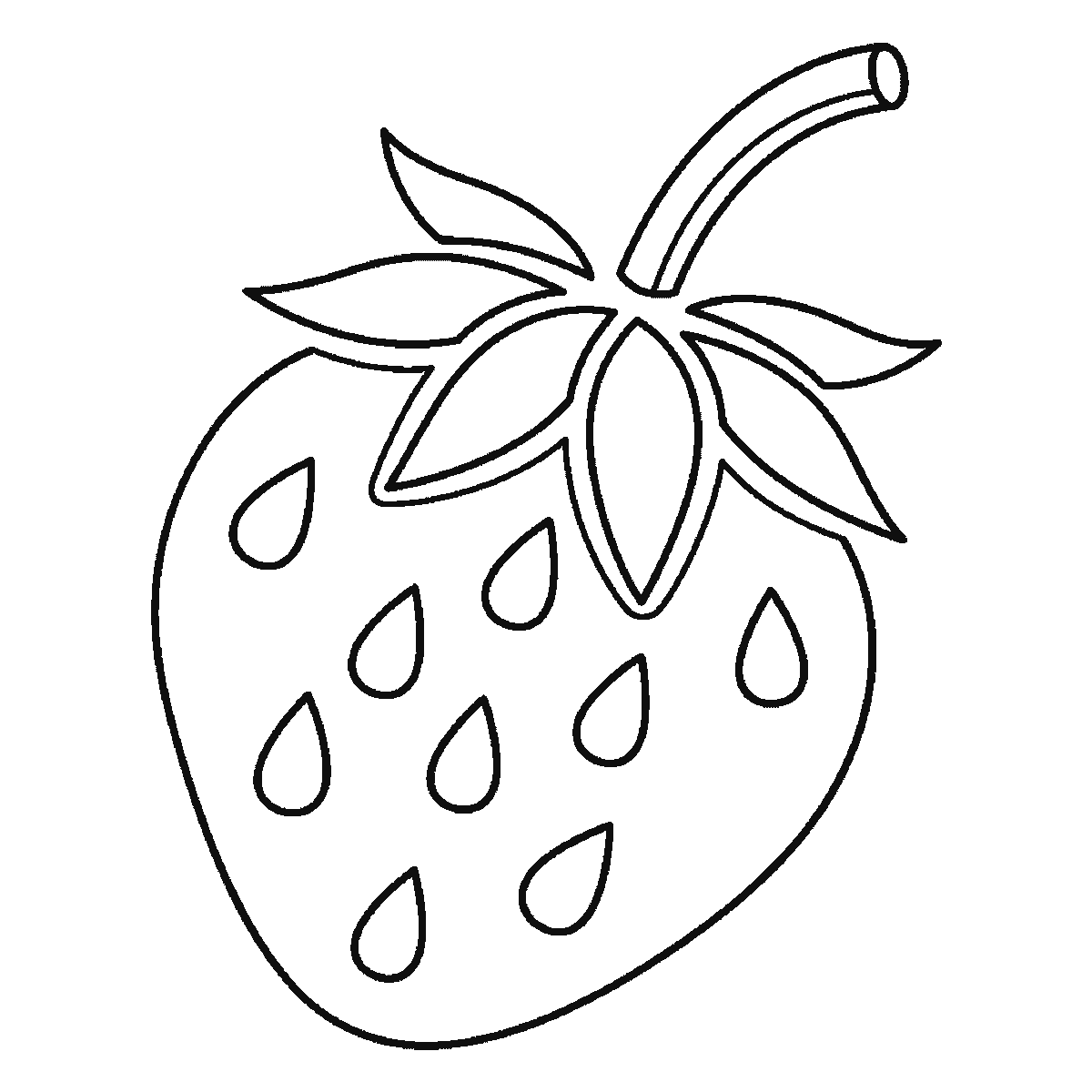 Step 6 of 6: Step-by-step drawing sheet: a single strawberry, built up over six frames from the whole berry with all its seeds already sketched in to the five separate calyx leaves and the stem, with the stem’s closing line, the leaf veins and the seeds brought up to full weight last, black outlines on white