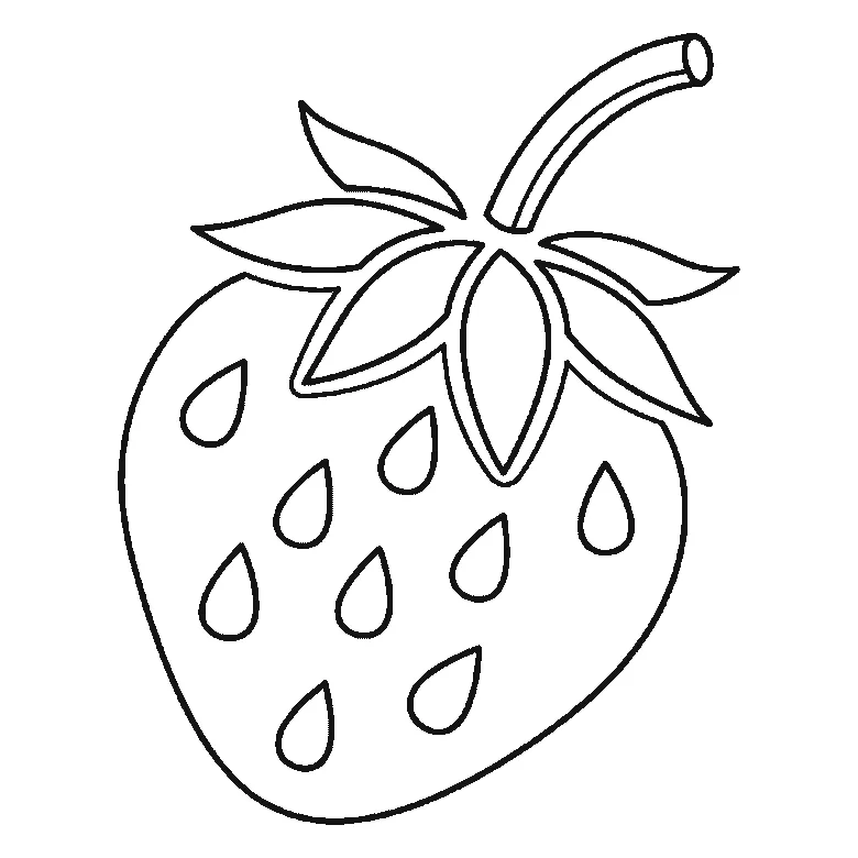 Step-by-step drawing sheet: a single strawberry, built up over six frames from the whole berry with all its seeds already sketched in to the five separate calyx leaves and the stem, with the stem’s closing line, the leaf veins and the seeds brought up to full weight last, black outlines on white