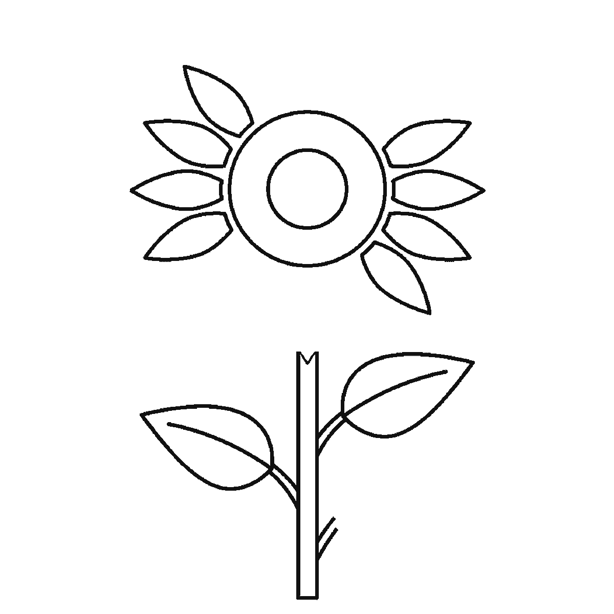 Step 4 of 6: Step-by-step drawing sheet: a tall sunflower with two leaves and a bud, built up over six frames from the seed head and one leaf to the stem and the second leaf, with the long pointed petals arriving a few at a time across the last four frames and the bud last, black outlines on white
