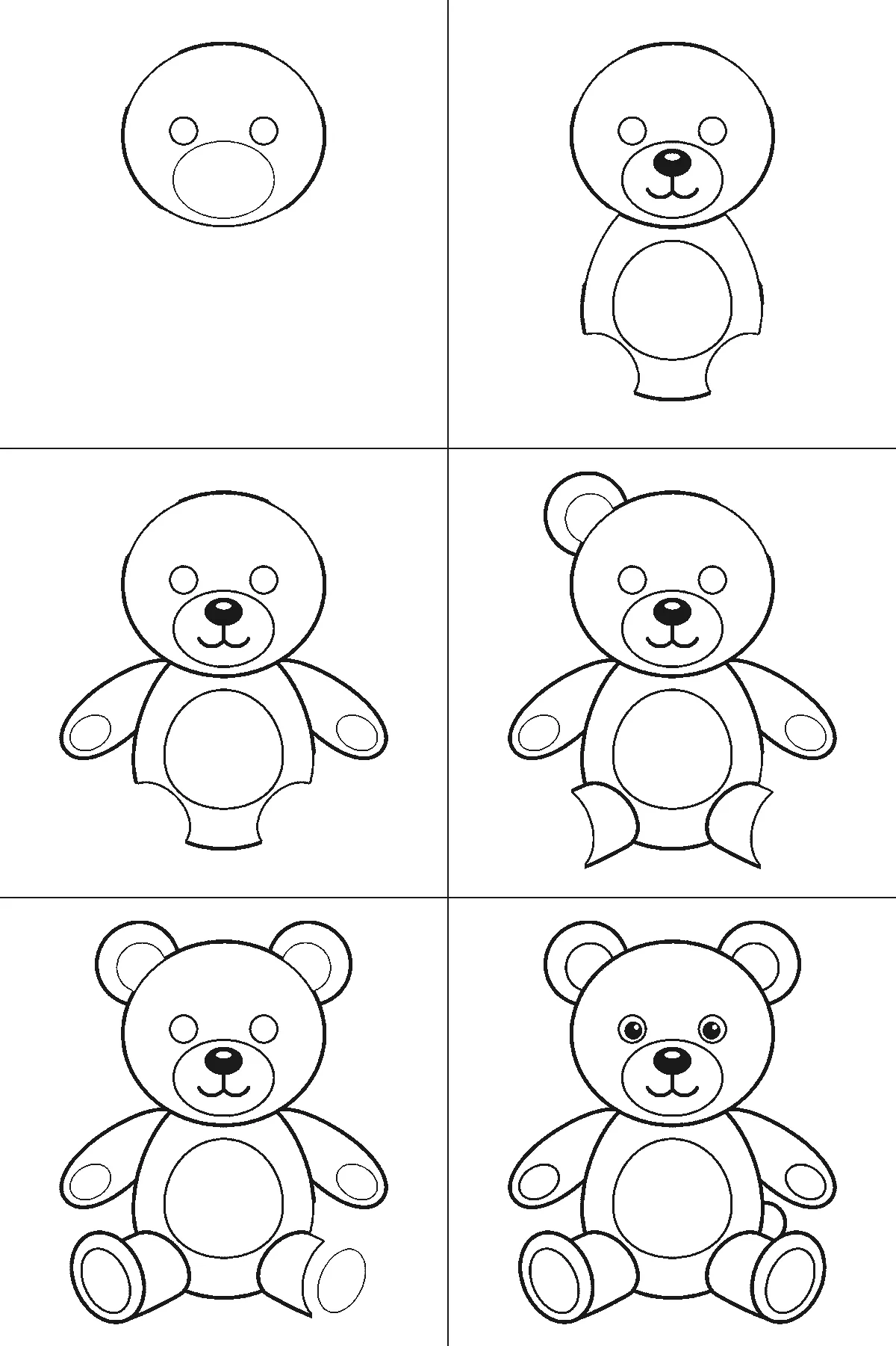 Step-by-step drawing sheet: a teddy bear sitting upright facing forward, built up over six frames from the head circle with its muzzle and two empty eye circles to the body with the nose and stitched mouth, then the arms and legs, with the two ears one at a time and the filled pupils last, black outlines on white