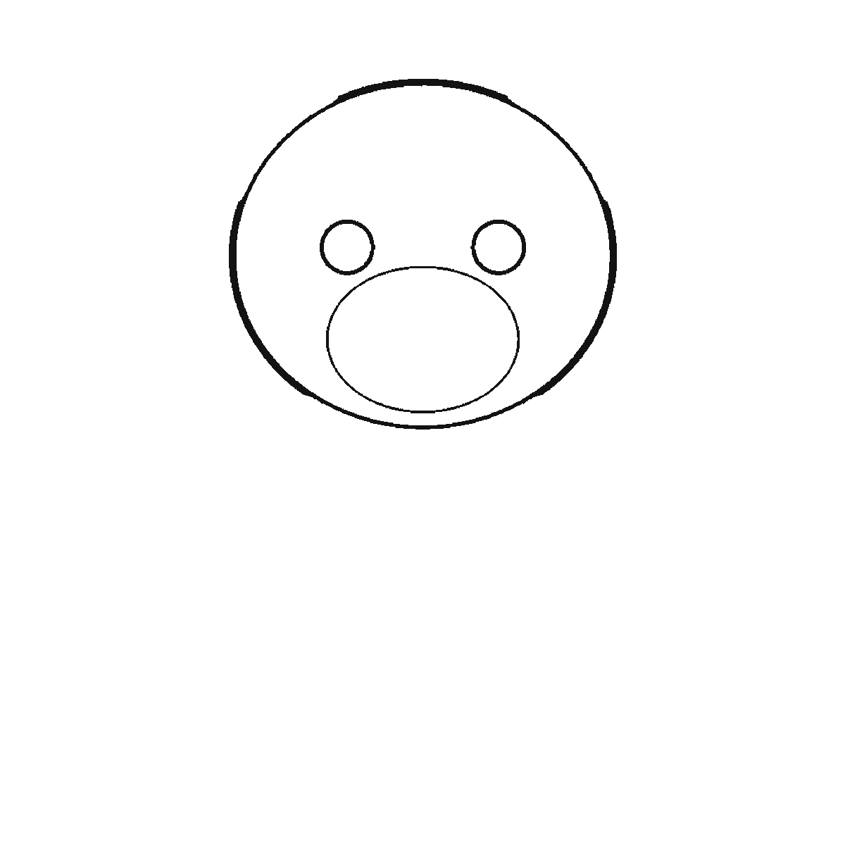 Step 1 of 6: Step-by-step drawing sheet: a teddy bear sitting upright facing forward, built up over six frames from the head circle with its muzzle and two empty eye circles to the body with the nose and stitched mouth, then the arms and legs, with the two ears one at a time and the filled pupils last, black outlines on white