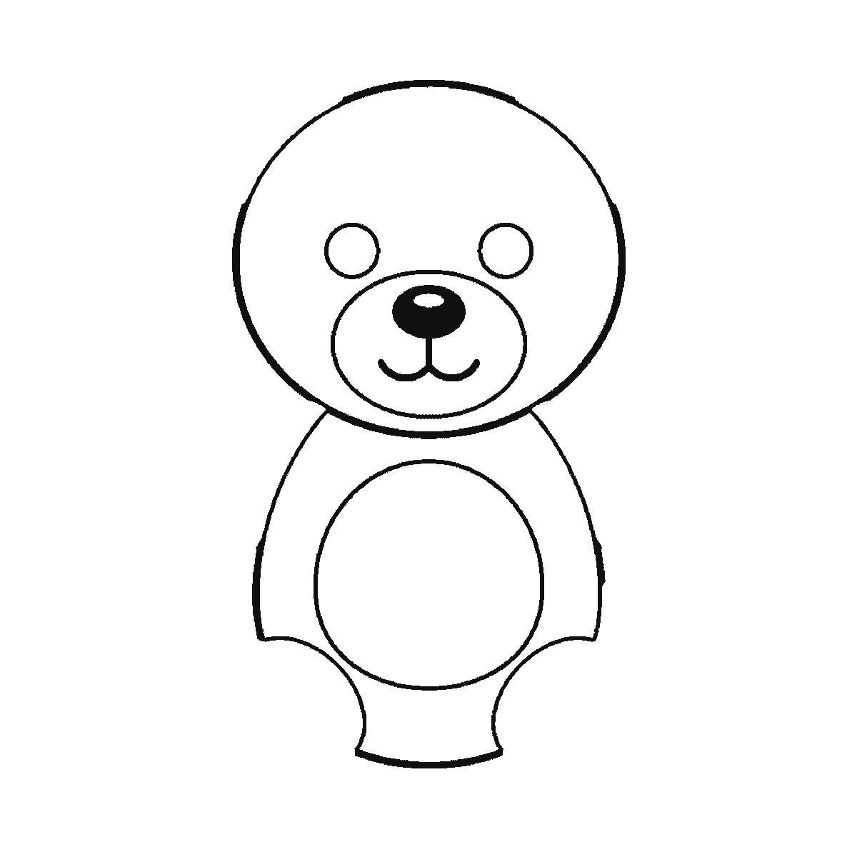 Step 2 of 6: Step-by-step drawing sheet: a teddy bear sitting upright facing forward, built up over six frames from the head circle with its muzzle and two empty eye circles to the body with the nose and stitched mouth, then the arms and legs, with the two ears one at a time and the filled pupils last, black outlines on white