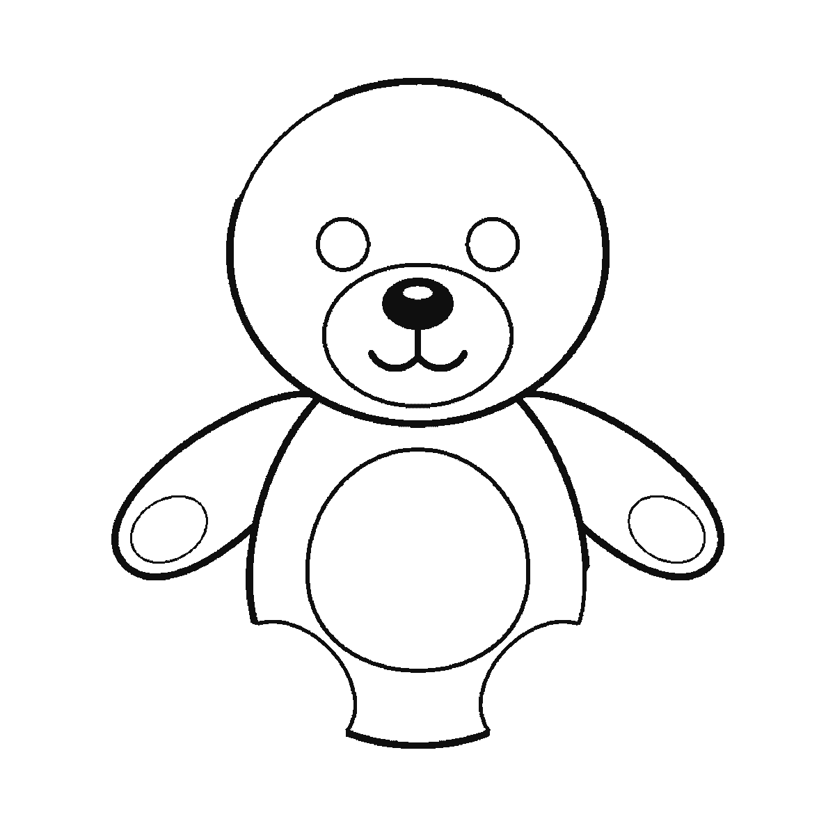Step 3 of 6: Step-by-step drawing sheet: a teddy bear sitting upright facing forward, built up over six frames from the head circle with its muzzle and two empty eye circles to the body with the nose and stitched mouth, then the arms and legs, with the two ears one at a time and the filled pupils last, black outlines on white