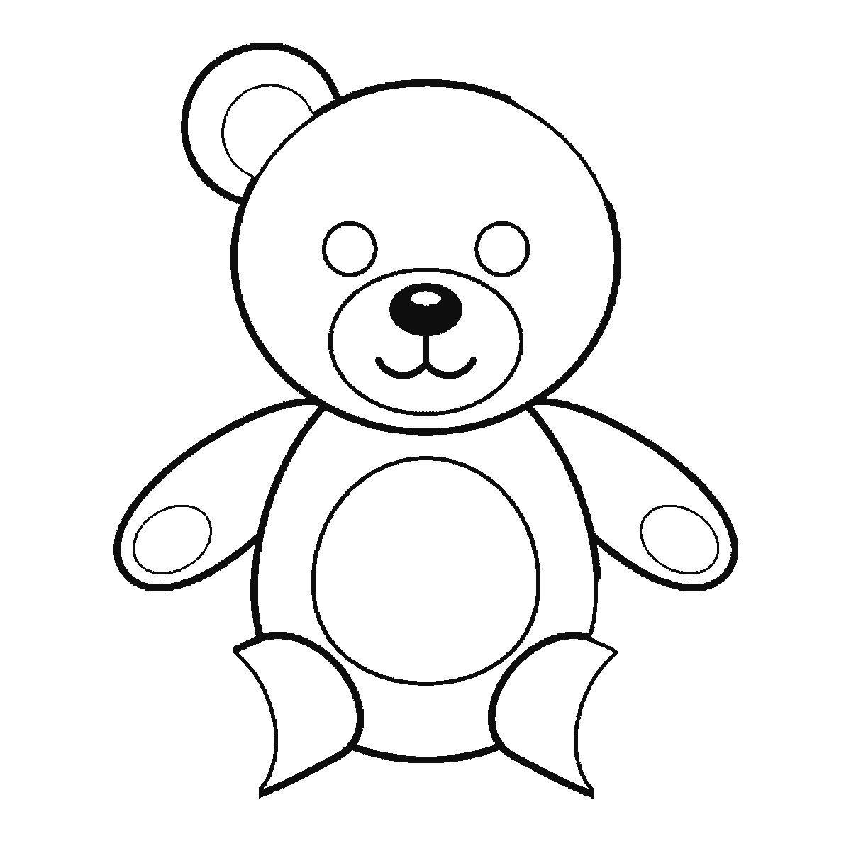 Step 4 of 6: Step-by-step drawing sheet: a teddy bear sitting upright facing forward, built up over six frames from the head circle with its muzzle and two empty eye circles to the body with the nose and stitched mouth, then the arms and legs, with the two ears one at a time and the filled pupils last, black outlines on white