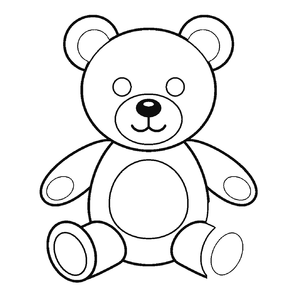 Step 5 of 6: Step-by-step drawing sheet: a teddy bear sitting upright facing forward, built up over six frames from the head circle with its muzzle and two empty eye circles to the body with the nose and stitched mouth, then the arms and legs, with the two ears one at a time and the filled pupils last, black outlines on white