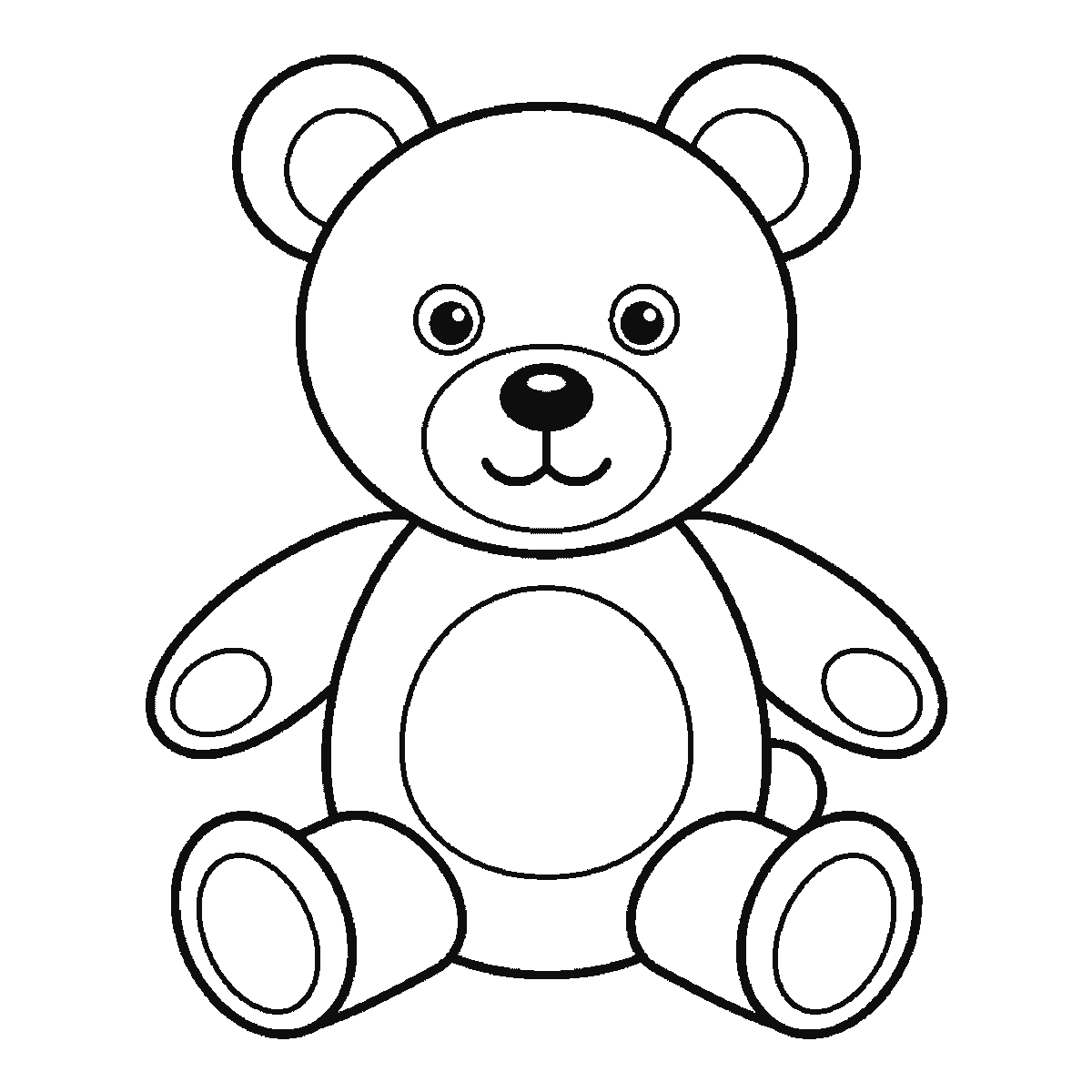 Step 6 of 6: Step-by-step drawing sheet: a teddy bear sitting upright facing forward, built up over six frames from the head circle with its muzzle and two empty eye circles to the body with the nose and stitched mouth, then the arms and legs, with the two ears one at a time and the filled pupils last, black outlines on white