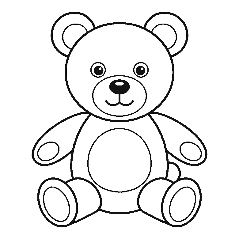 Step-by-step drawing sheet: a teddy bear sitting upright facing forward, built up over six frames from the head circle with its muzzle and two empty eye circles to the body with the nose and stitched mouth, then the arms and legs, with the two ears one at a time and the filled pupils last, black outlines on white