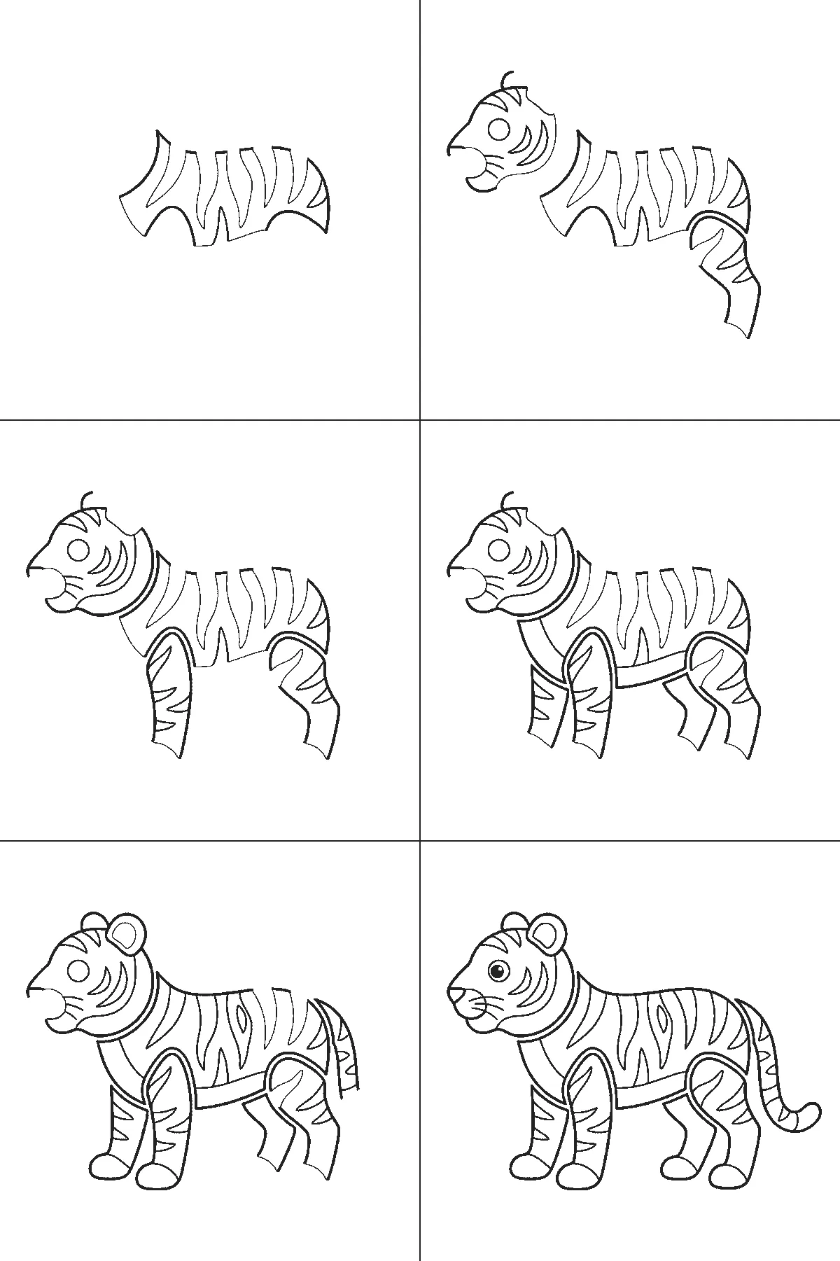 Step-by-step drawing sheet: a tiger standing in profile, built up over six frames from the striped flank to the head, the four legs one at a time, the ear and paws, and the curled tail last, black outlines on white