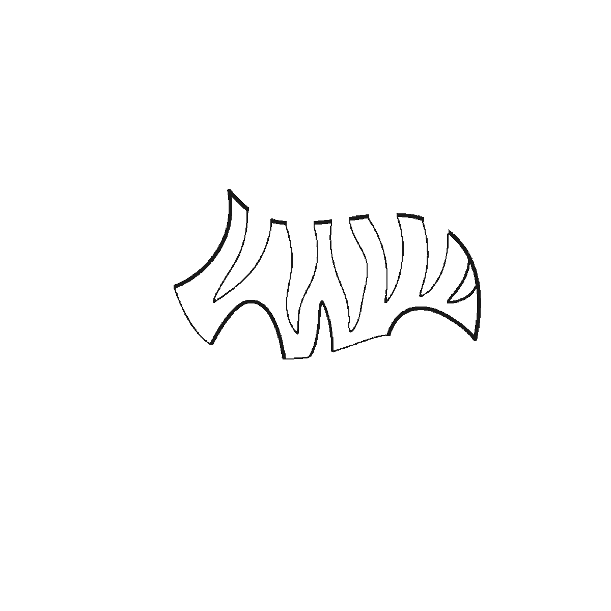 Step 1 of 6: Step-by-step drawing sheet: a tiger standing in profile, built up over six frames from the striped flank to the head, the four legs one at a time, the ear and paws, and the curled tail last, black outlines on white