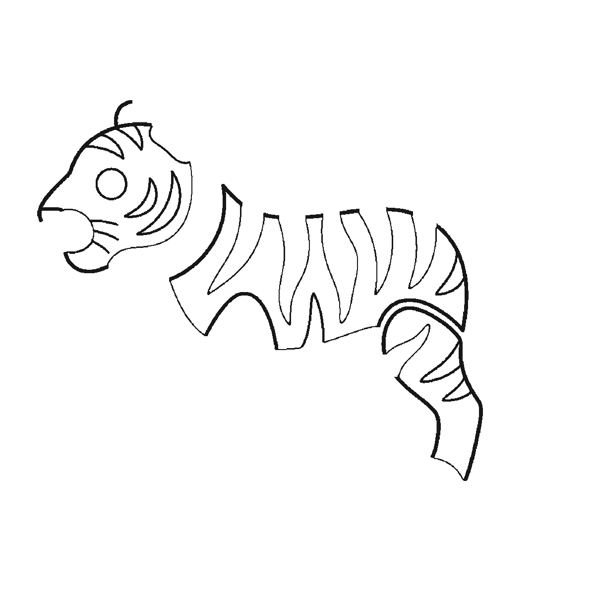 Step 2 of 6: Step-by-step drawing sheet: a tiger standing in profile, built up over six frames from the striped flank to the head, the four legs one at a time, the ear and paws, and the curled tail last, black outlines on white