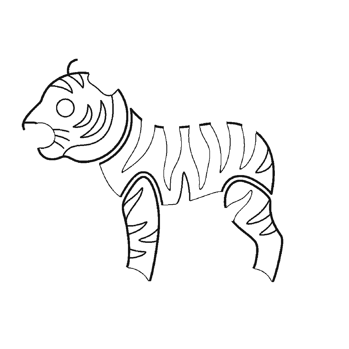 Step 3 of 6: Step-by-step drawing sheet: a tiger standing in profile, built up over six frames from the striped flank to the head, the four legs one at a time, the ear and paws, and the curled tail last, black outlines on white