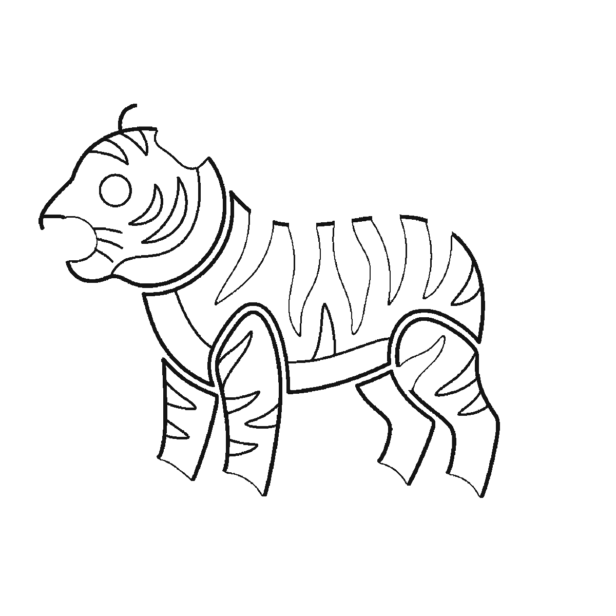 Step 4 of 6: Step-by-step drawing sheet: a tiger standing in profile, built up over six frames from the striped flank to the head, the four legs one at a time, the ear and paws, and the curled tail last, black outlines on white