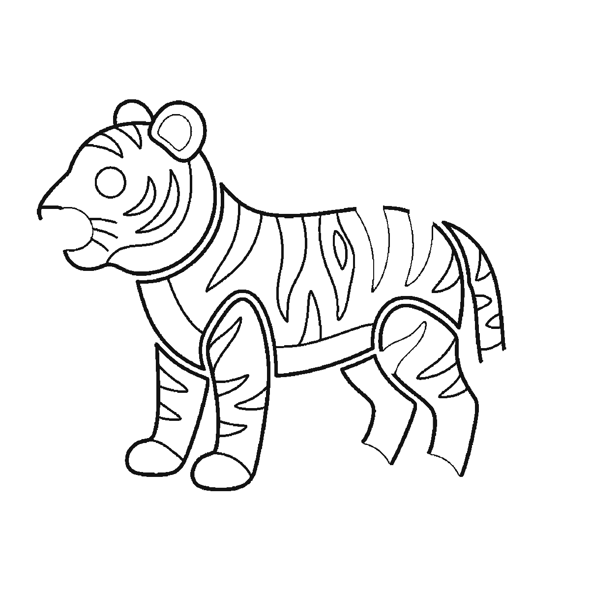 Step 5 of 6: Step-by-step drawing sheet: a tiger standing in profile, built up over six frames from the striped flank to the head, the four legs one at a time, the ear and paws, and the curled tail last, black outlines on white