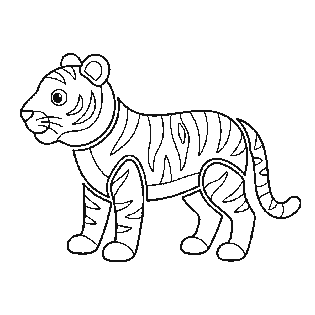 Step 6 of 6: Step-by-step drawing sheet: a tiger standing in profile, built up over six frames from the striped flank to the head, the four legs one at a time, the ear and paws, and the curled tail last, black outlines on white