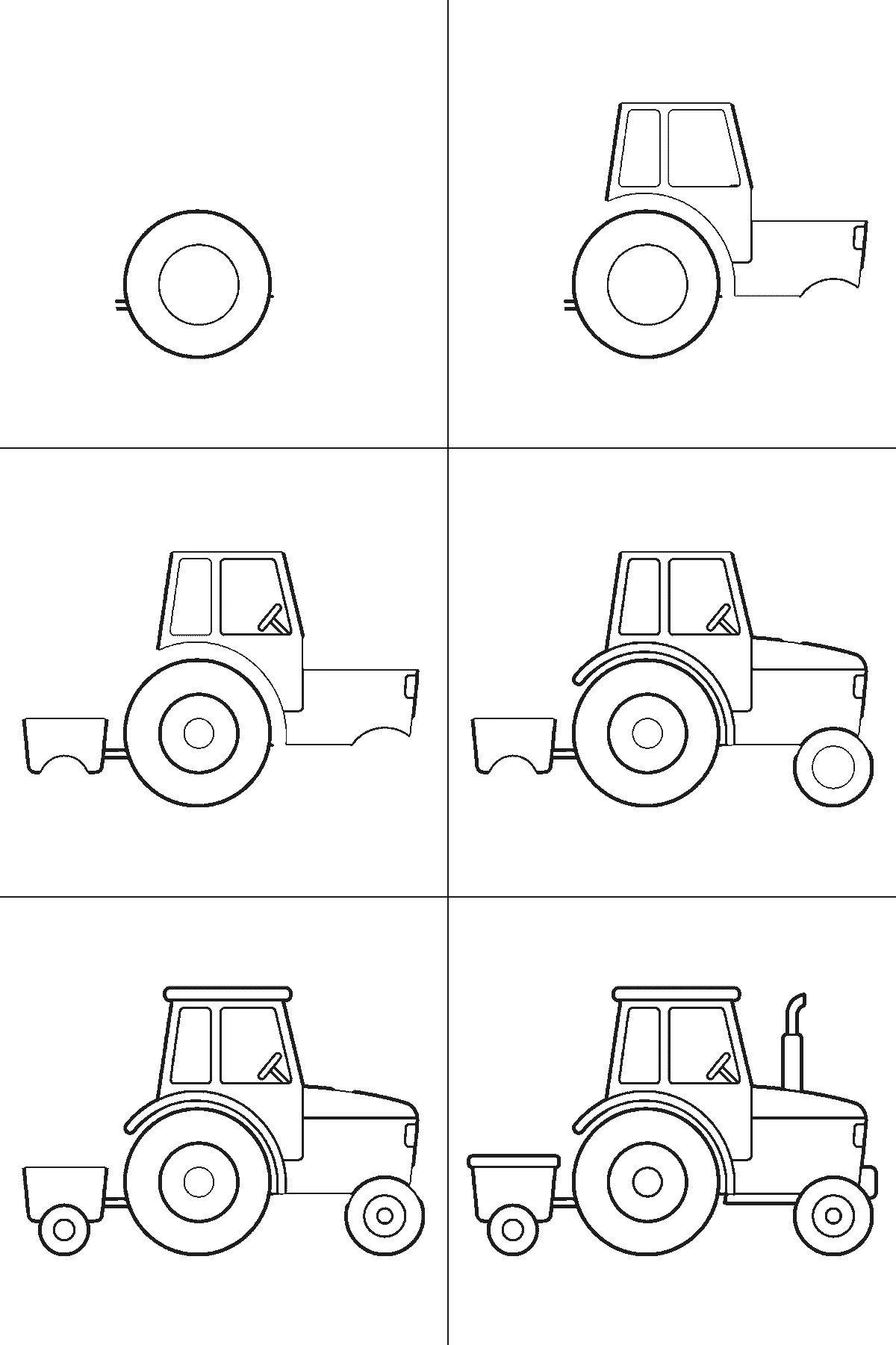 Step-by-step drawing sheet: a tractor towing a small tipping trailer, seen from the side, built up over six frames from the large rear wheel to the cab and bonnet, the trailer, the front wheel, and the exhaust pipe last, black outlines on white