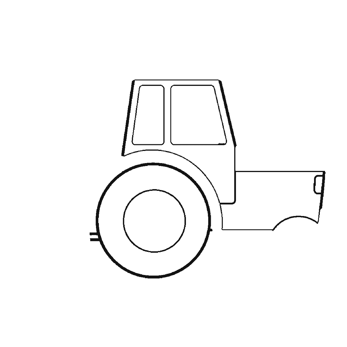 Step 2 of 6: Step-by-step drawing sheet: a tractor towing a small tipping trailer, seen from the side, built up over six frames from the large rear wheel to the cab and bonnet, the trailer, the front wheel, and the exhaust pipe last, black outlines on white