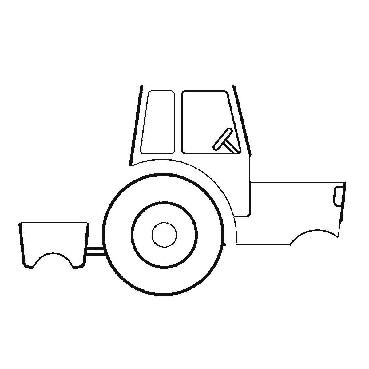 Step 3 of 6: Step-by-step drawing sheet: a tractor towing a small tipping trailer, seen from the side, built up over six frames from the large rear wheel to the cab and bonnet, the trailer, the front wheel, and the exhaust pipe last, black outlines on white