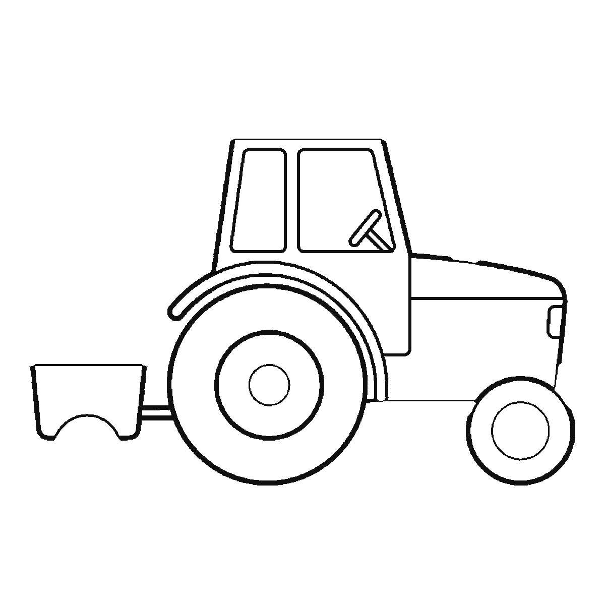 Step 4 of 6: Step-by-step drawing sheet: a tractor towing a small tipping trailer, seen from the side, built up over six frames from the large rear wheel to the cab and bonnet, the trailer, the front wheel, and the exhaust pipe last, black outlines on white